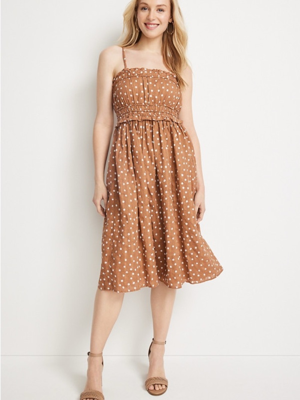 Maurices soft tan/brown polka dot sundress with spaghetti straps.